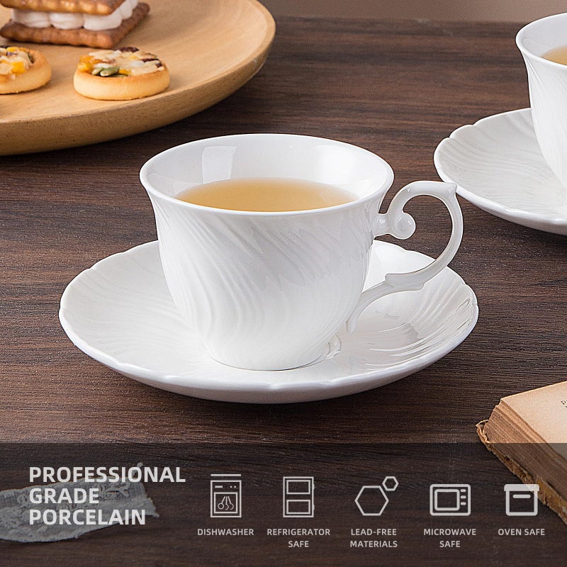 Agyiuns Tea Cups Set Of 4, Tea Cup And Saucer Set,6oz for Tea,Coffee, Latte, Cafe Mocha, Porcelain Tea Party Set (Pure white set of 4) - Image 3