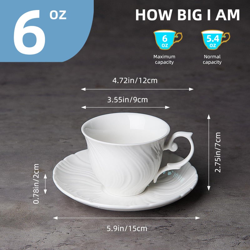 Agyiuns Tea Cups Set Of 4, Tea Cup And Saucer Set,6oz for Tea,Coffee, Latte, Cafe Mocha, Porcelain Tea Party Set (Pure white set of 4) - Image 2