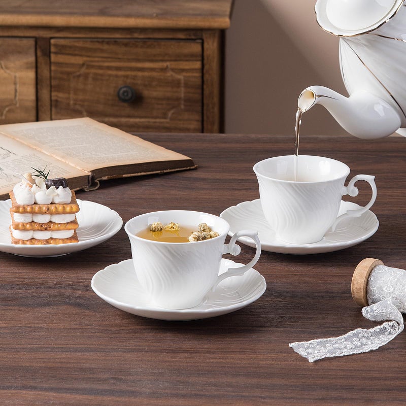Agyiuns Tea Cups Set Of 4, Tea Cup And Saucer Set,6oz for Tea,Coffee, Latte, Cafe Mocha, Porcelain Tea Party Set (Pure white set of 4) - Image 4