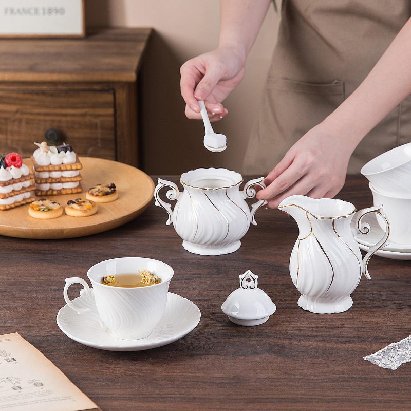 Agyiuns Tea Cups Set Of 4, Tea Cup And Saucer Set,6oz for Tea,Coffee, Latte, Cafe Mocha, Porcelain Tea Party Set (Pure white set of 4) - Image 5