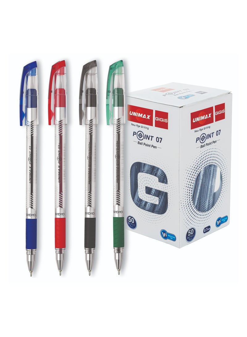 Gigis قلم حبر كروي متعدد الألوان Unimax Point-7، 50 قطعة، رأس 0.7 مم، مقبض مريح ناعم، تشطيب كروم، أقلام بحبر VFI لطول كتابة أكثر بنسبة 20% - Image 1