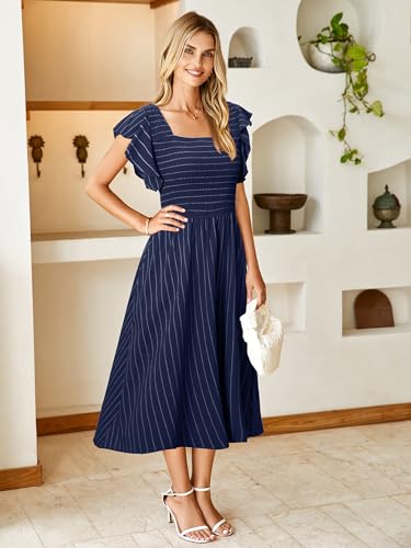 Miessial Womens Ruffle Short Sleeve Summer Midi Dress Casual Square Neck A Line Boho Flowy Smcoked Dresses with Pockets Navy Blue,M - Image 3