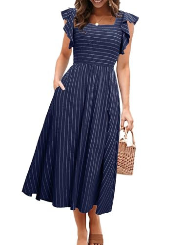Miessial Womens Ruffle Short Sleeve Summer Midi Dress Casual Square Neck A Line Boho Flowy Smcoked Dresses with Pockets Navy Blue,M - Image 1