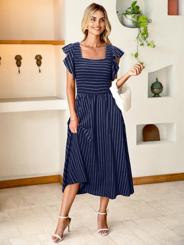 Miessial Womens Ruffle Short Sleeve Summer Midi Dress Casual Square Neck A Line Boho Flowy Smcoked Dresses with Pockets Navy Blue,M - Image 5