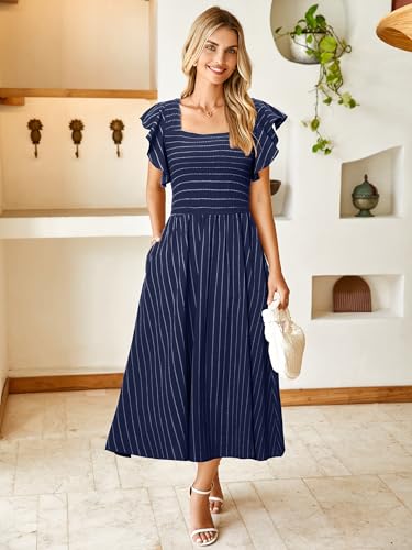 Miessial Womens Ruffle Short Sleeve Summer Midi Dress Casual Square Neck A Line Boho Flowy Smcoked Dresses with Pockets Navy Blue,M - Image 2