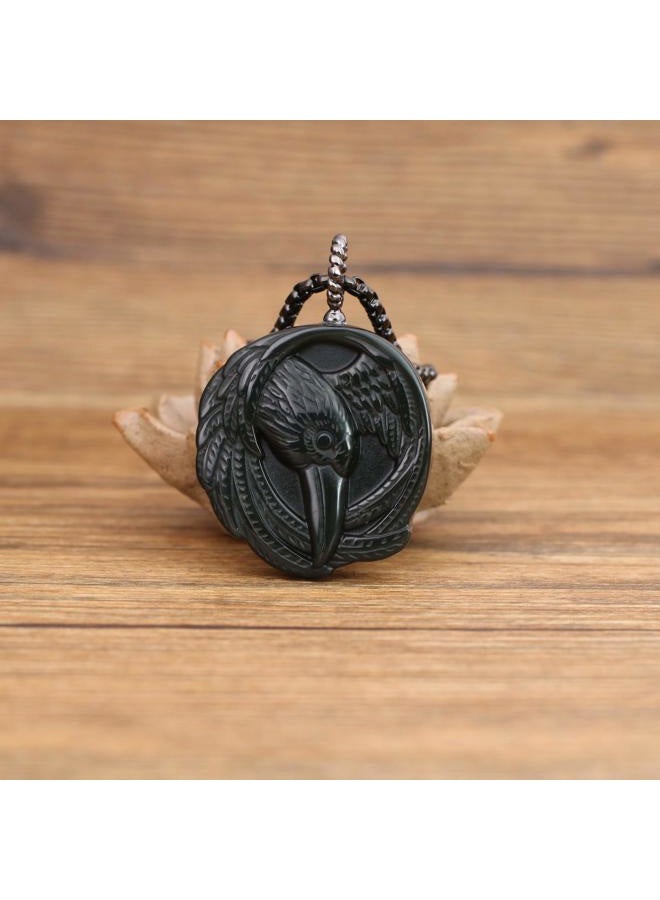 coai Black Obsidian Pendant with Raven Inlaid, Men's Pendant Necklace in Natural Stones, Stainless Steel Chain 20", Stone, Obsidian - Image 4