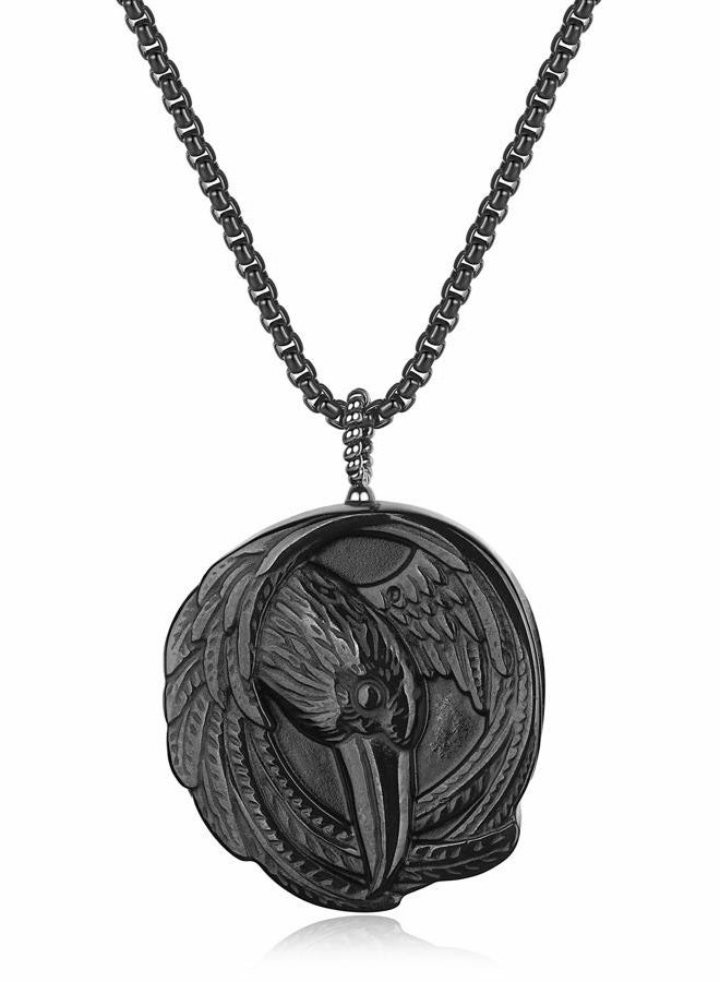 coai Black Obsidian Pendant with Raven Inlaid, Men's Pendant Necklace in Natural Stones, Stainless Steel Chain 20", Stone, Obsidian - Image 1