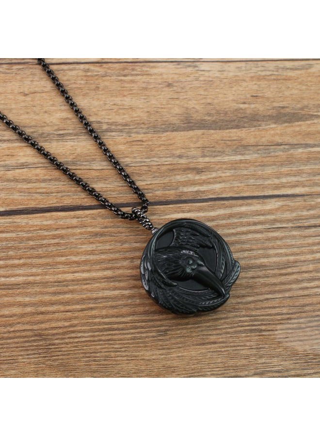 coai Black Obsidian Pendant with Raven Inlaid, Men's Pendant Necklace in Natural Stones, Stainless Steel Chain 20", Stone, Obsidian - Image 5