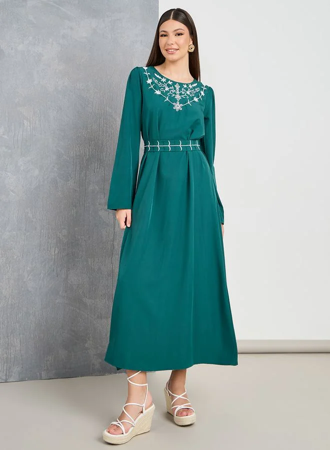 Take Two Embroidery Detail A-Line Maxi Dress with Tie Belt
