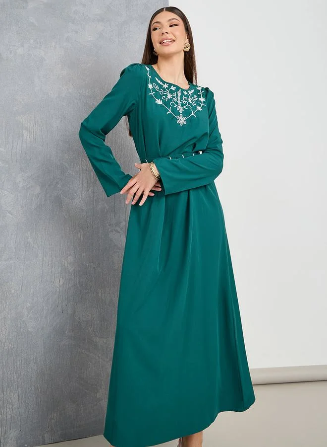 Take Two Embroidery Detail A-Line Maxi Dress with Tie Belt