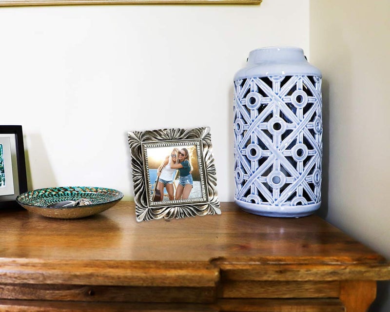 Isaac Jacobs 4x4 Silver Wave Textured Hand-Crafted Resin Picture Frame with Easel & Hook for Tabletop & Wall Display  Decorative Swirl Design Home D?cor  Photo Gallery  Art  More (4x4  Silver) - Image 4