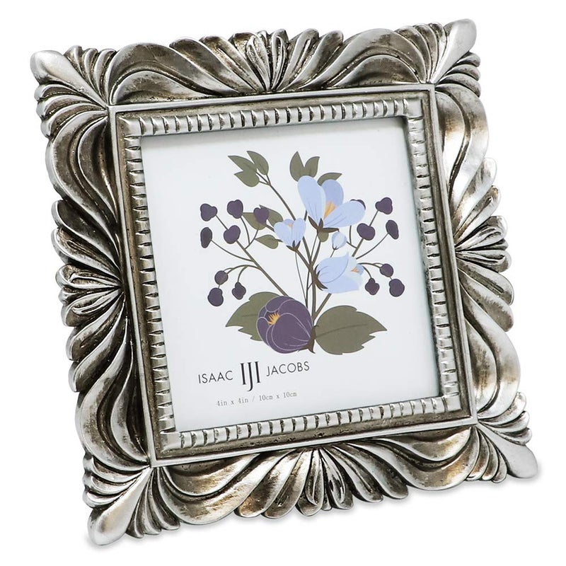 Isaac Jacobs 4x4 Silver Wave Textured Hand-Crafted Resin Picture Frame with Easel & Hook for Tabletop & Wall Display  Decorative Swirl Design Home D?cor  Photo Gallery  Art  More (4x4  Silver) - Image 1