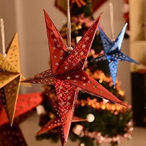 Auony 6 Pack Paper Star Lantern Lampshade, 3D Paper Star Pentagram Lampshade for Christmas Xmas Wedding Party Home Hanging Decorations - Image 5
