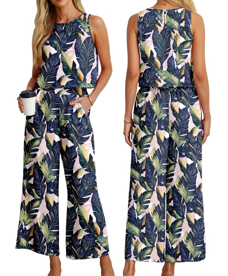 IWOLLENCE Women's Summer 2 Piece Outfits Set Round neck Sleeveless Tank Crop Top Wide Leg pants Set Pockets Jumpsuits Colorful Banana Leaf Medium - Image 3