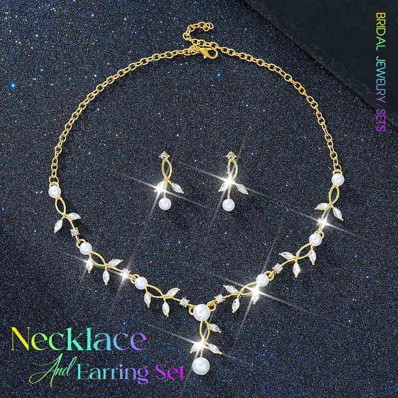 Unicra Pearl Wedding Jewelry Sets Gold Rhinestone Necklace Earrings Sets Prom Bridal Formal Jewelry for Women and Brides (Gold) - Image 2