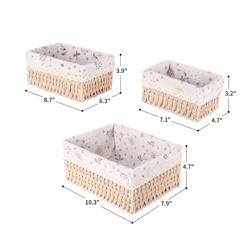 Chosme Rectangle Rattan Basket Set for Organizing - Wicker Storage for Fruit, Bread Serving, Decorative Gift, Countertop, Pantry and Bathroom - Natural, 3 Pcs - Image 4