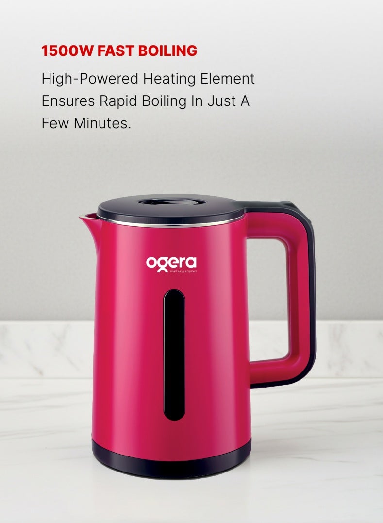 Ogera Double-Layer Electric Kettle OG1507EK | 1.8 L Large-Capacity Cordless Kettle with Stainless-Steel Double Wall | 1500 W Fast Boil | Auto Shut-Off & Boil-Dry Protection | Cool-Touch Exterior | Ideal for Tea, Coffee & Hot Water | 2-Year Warranty - Image 3