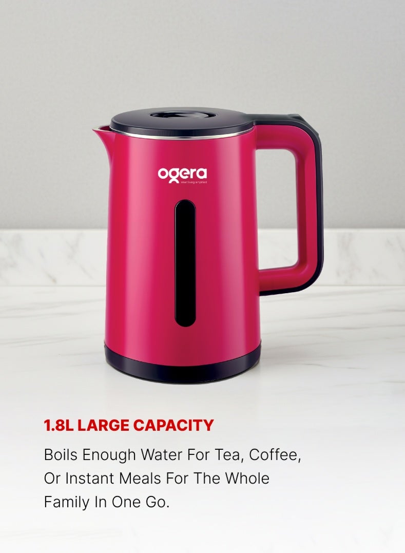 Ogera Double-Layer Electric Kettle OG1507EK | 1.8 L Large-Capacity Cordless Kettle with Stainless-Steel Double Wall | 1500 W Fast Boil | Auto Shut-Off & Boil-Dry Protection | Cool-Touch Exterior | Ideal for Tea, Coffee & Hot Water | 2-Year Warranty - Image 2