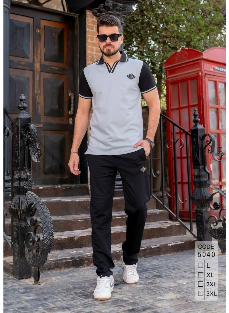 ترنج رجالي صيفي خروج قطن فاخر نقي100% - تصميم انيق وشيك لون اسود فى رصاصى - مقاس XL - Image 1
