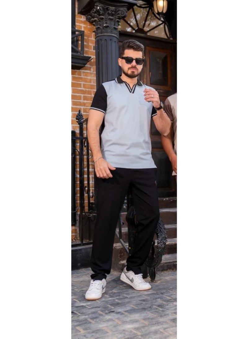 ترنج رجالي صيفي خروج قطن فاخر نقي100% - تصميم انيق وشيك لون اسود فى رصاصى - مقاس XL - Image 4