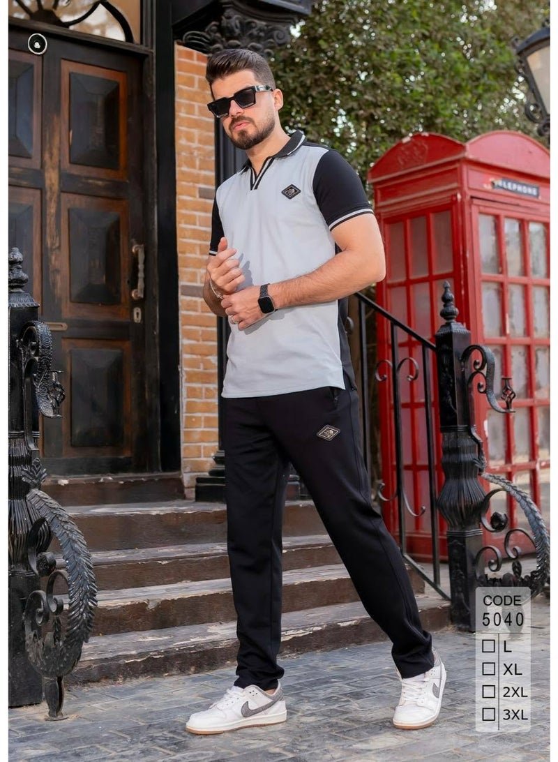 ترنج رجالي صيفي خروج قطن فاخر نقي100% - تصميم انيق وشيك لون اسود فى رصاصى - مقاس XL - Image 2