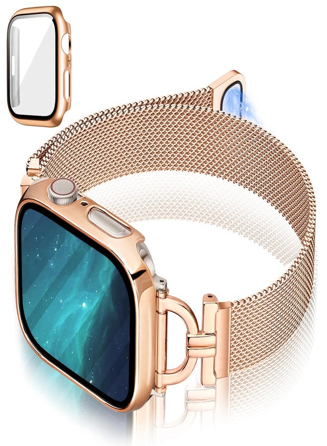 Mazuboho for Apple Watch Bands for Women 40mm with Screen Protector Case, Stainless Steel Magnetic Clasp Apple Watch Band 40mm, with D-shaped Connector for iWatch Bands Series SE 6 5 4-Rose Gold, 40mm - Image 1