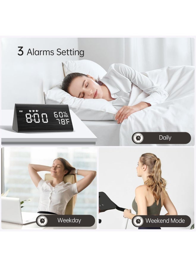 Furtey Digital Alarm Clock, with Wooden Electronic LED Time Display , Voice Control Display , Temperature Detect, Wood Made Electric Clocks for Bedroom, Bedside, Black - Image 2