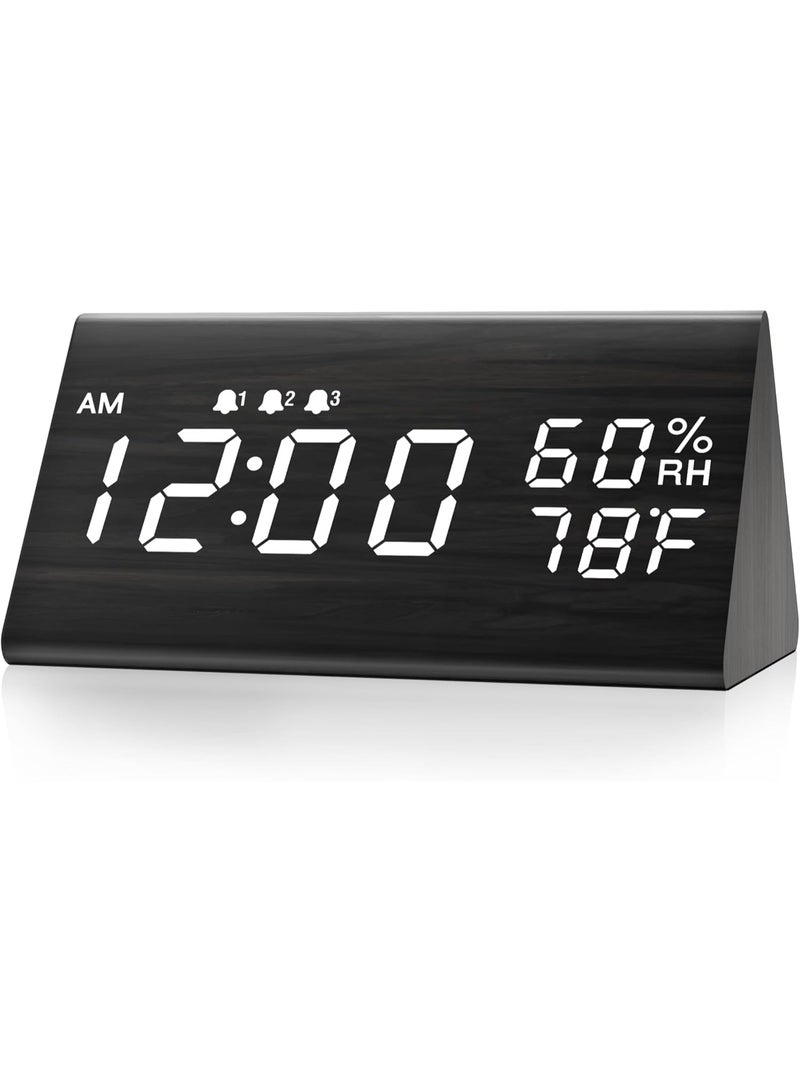 Furtey Digital Alarm Clock, with Wooden Electronic LED Time Display , Voice Control Display , Temperature Detect, Wood Made Electric Clocks for Bedroom, Bedside, Black - Image 1
