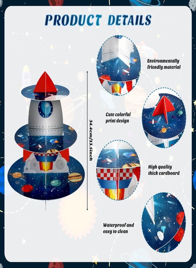 Pagather Space Cupcake Holder, Rocket Theme Birthday 3 Tier Cardboard Cupcake Stand, Galaxy Style Dessert Tower Display for Party Supplies Decoration - Image 4