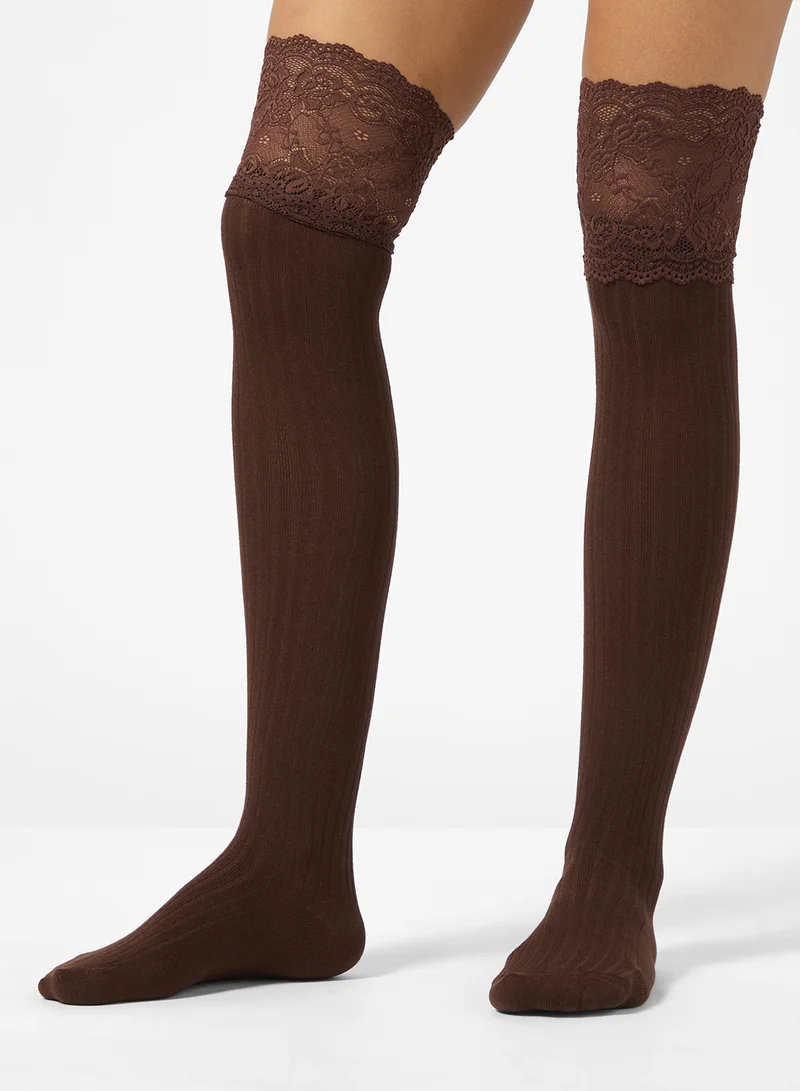 Ginger Over The Knee Lace Detail Socks