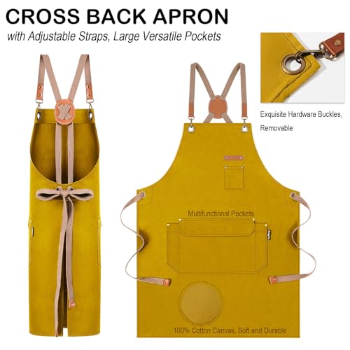 Genixart Chef Apron for Men Women with Gift Box Pack, Cross Back Apron with Pockets for Kitchen Cooking Baking Artist Painting, Cotton Canvas Work Aprons for Shop, Garden, Restaurant, Cafe (Yellow, M to XXL) - Image 3