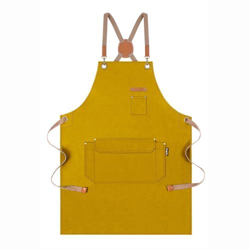 Genixart Chef Apron for Men Women with Gift Box Pack, Cross Back Apron with Pockets for Kitchen Cooking Baking Artist Painting, Cotton Canvas Work Aprons for Shop, Garden, Restaurant, Cafe (Yellow, M to XXL) - Image 1