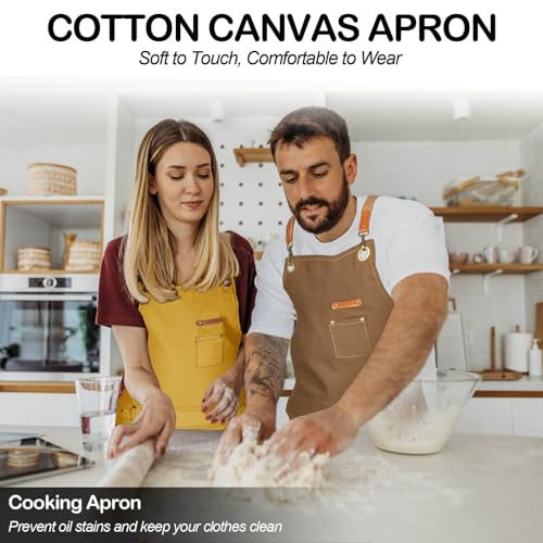 Genixart Chef Apron for Men Women with Gift Box Pack, Cross Back Apron with Pockets for Kitchen Cooking Baking Artist Painting, Cotton Canvas Work Aprons for Shop, Garden, Restaurant, Cafe (Yellow, M to XXL) - Image 2
