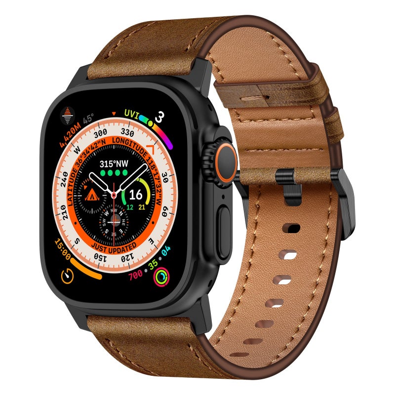For Apple Watch Ultra 49Mm Wilderness Top-Grain Leather Watch Band(Black Connector Dark Brown) - Image 1