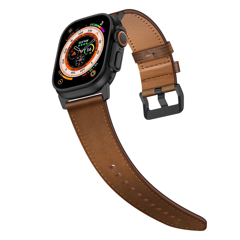 For Apple Watch Ultra 49Mm Wilderness Top-Grain Leather Watch Band(Black Connector Dark Brown) - Image 5
