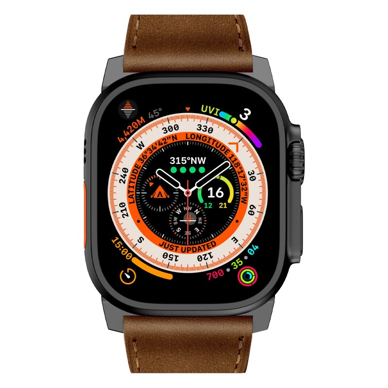 For Apple Watch Ultra 49Mm Wilderness Top-Grain Leather Watch Band(Black Connector Dark Brown) - Image 4