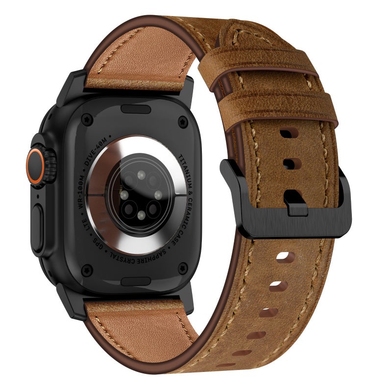 For Apple Watch Ultra 49Mm Wilderness Top-Grain Leather Watch Band(Black Connector Dark Brown) - Image 3