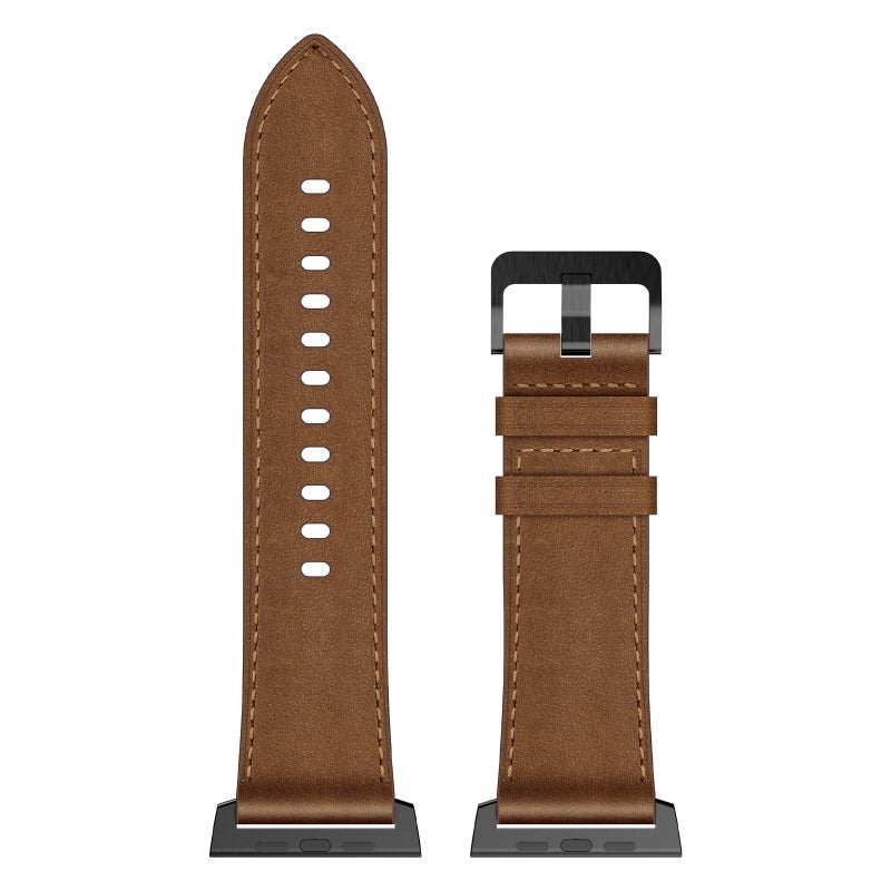 For Apple Watch Ultra 49Mm Wilderness Top-Grain Leather Watch Band(Black Connector Dark Brown) - Image 2
