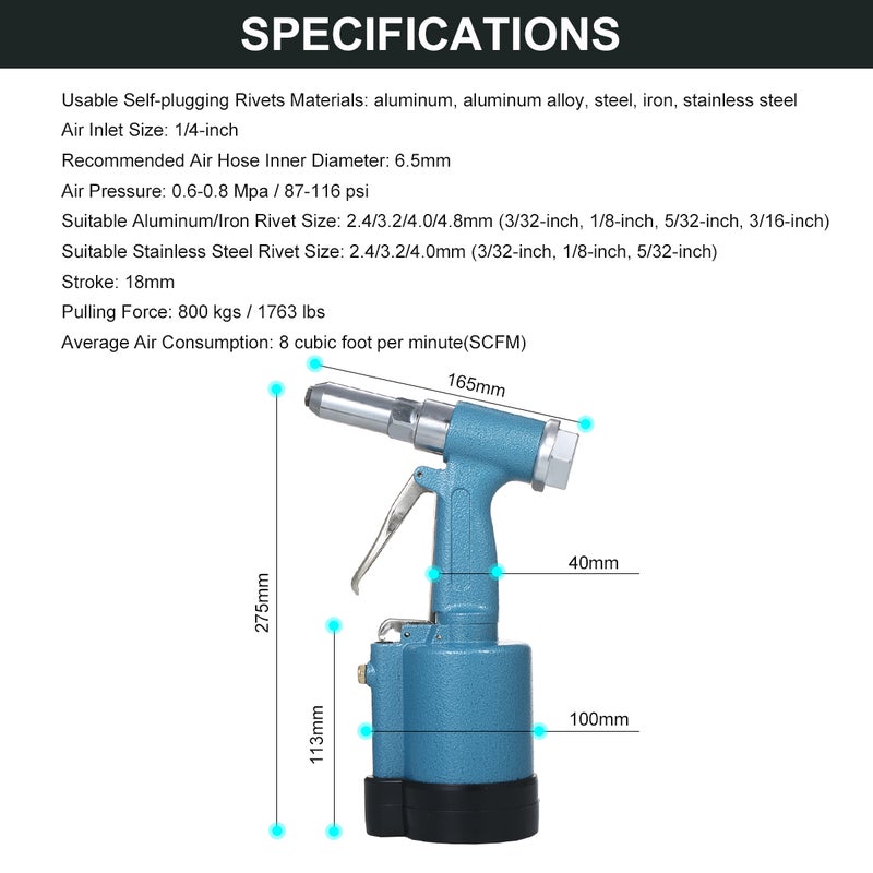 Industrial Pneumatic Rivet Heavy Duty Air Riveter Air Rivet Self-plugging Riveting Tool with 4 Nosepieces for Pulling 3/32-inch, 1/8-inch, 5/32-inch, 3/16-inch Iron/Aluminum/Stainless Steel Rivets - Image 2