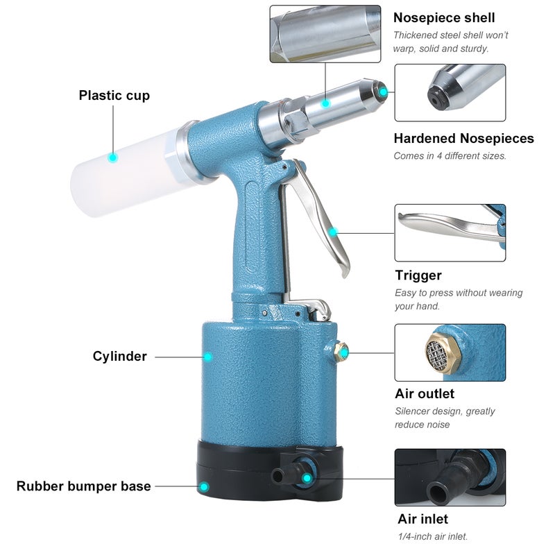 Industrial Pneumatic Rivet Heavy Duty Air Riveter Air Rivet Self-plugging Riveting Tool with 4 Nosepieces for Pulling 3/32-inch, 1/8-inch, 5/32-inch, 3/16-inch Iron/Aluminum/Stainless Steel Rivets - Image 3