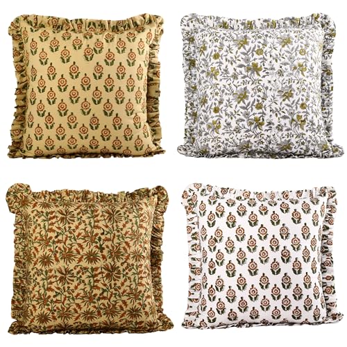 Trade Star 100 Cotton Throw Cushion Cover Fall Decor Set of 4 Decorative Cushion Cases Beautiful Hand Block Print Pillow Covers with Soft Frills Indian Traditional Designer Pillow Case Set Home - Image 1