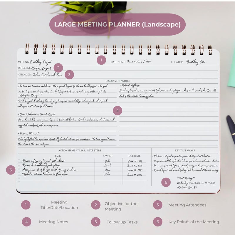 Merely Home | Meeting Notebook for Work | 8.25" x 11.75" | Project Planner | Simple Design | Multiple Layouts | Office and Business Planner (Evergreen, Meeting Planner - Landscape) - Image 3