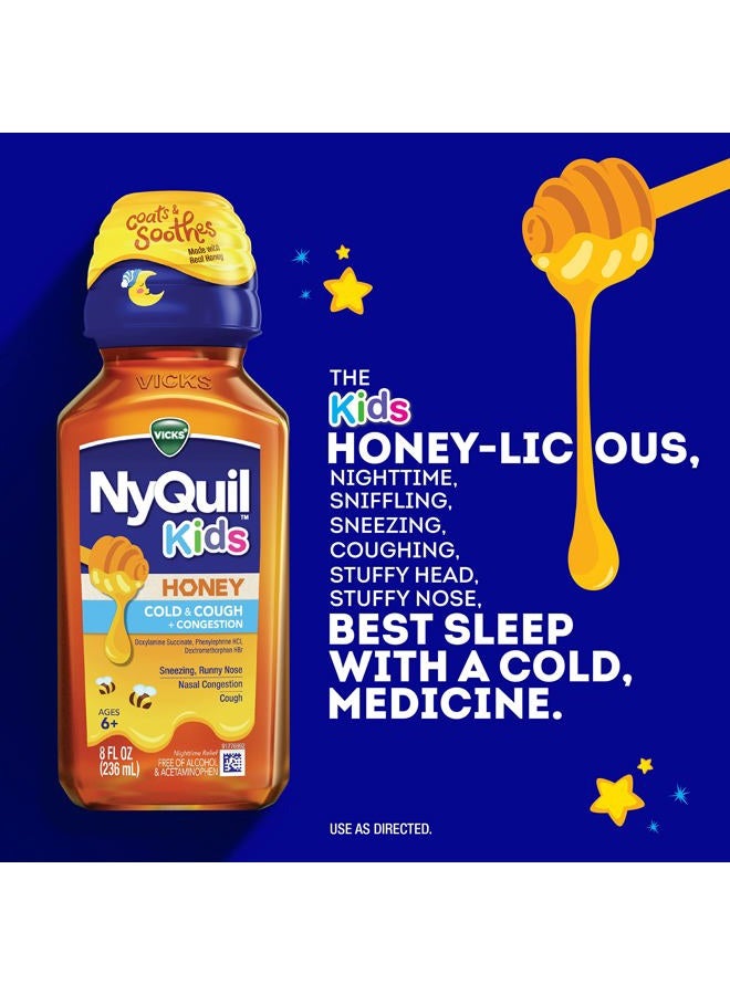 Vicks Kids NyQuil Honey Cold & Cough + Congestion Relief for Nighttime Sneezing, Runny Nose, Nasal Congestion & Cough, Flavored with Real Honey, for Children Ages 6+, 8 FL OZ - Image 3