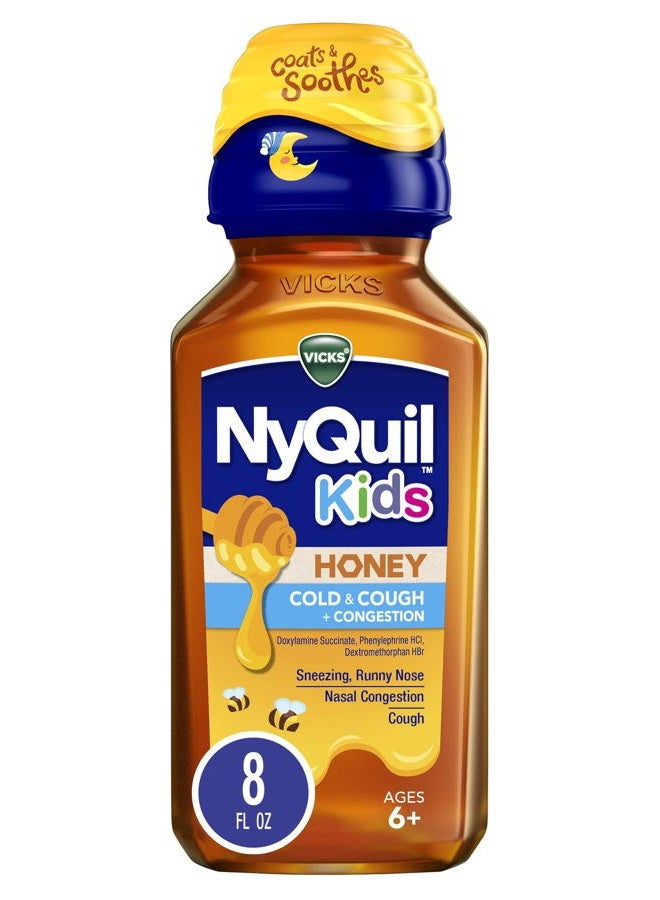 Vicks Kids NyQuil Honey Cold & Cough + Congestion Relief for Nighttime Sneezing, Runny Nose, Nasal Congestion & Cough, Flavored with Real Honey, for Children Ages 6+, 8 FL OZ - Image 1