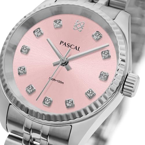 PASCAL Women's Timeless Classic Diamond Watch, Swiss Quartz, Lab-Grown Diamonds, Scratch-Resistant Sapphire Crystal, Stainless Steel Case & Adjustable Strap, Fits 6.5"-9.5" Wrists (Pink,31MM) - Image 3