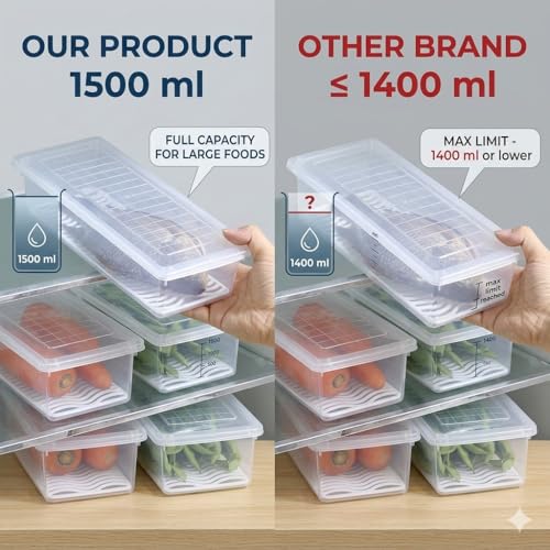 INOVERA (LABEL) 4 Pieces Fridge Storage Boxes | Refrigerator Organizer Box Set with Removable Drain Plate & Lid | Freezer Organiser Containers for Vegetables, Food, Fruits (Transparent) - Image 5