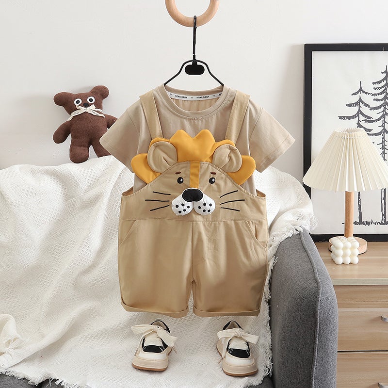 Babys Fashion Short-sleeved suit Summer New Lion Strap Short-sleeved Two-piece Summer Clothes Handsome Western Style Trendy Khaki