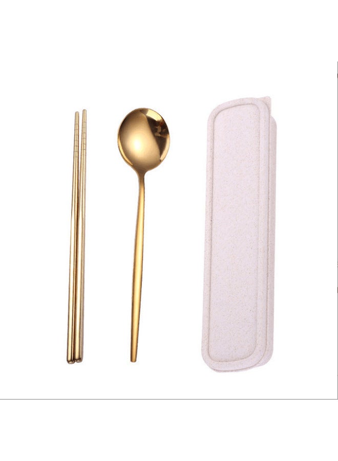Portable Stainless Steel Titanium Coated Painted Outdoor Dining Set Mirror Polished Utensils Including Spoon Fork Chopsticks-Specifications:Gold 2-piece Set  - Image 1