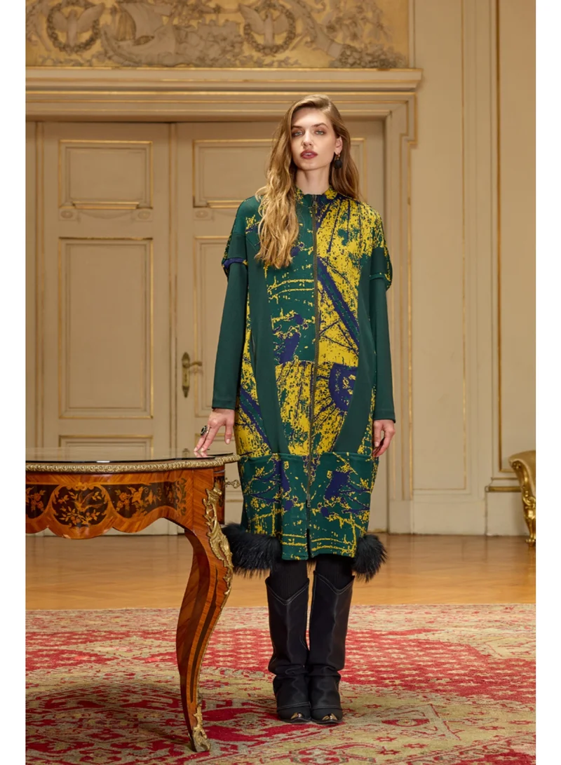 MissWhence  Patterned Zippered Coat with Faux Fur Hem Detail - Green for Women | Best Price UAE