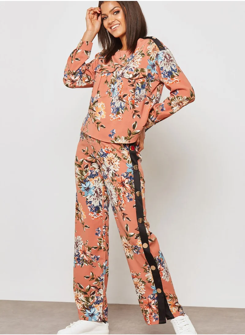 Ginger Floral Print Contrast Side Popper Pants